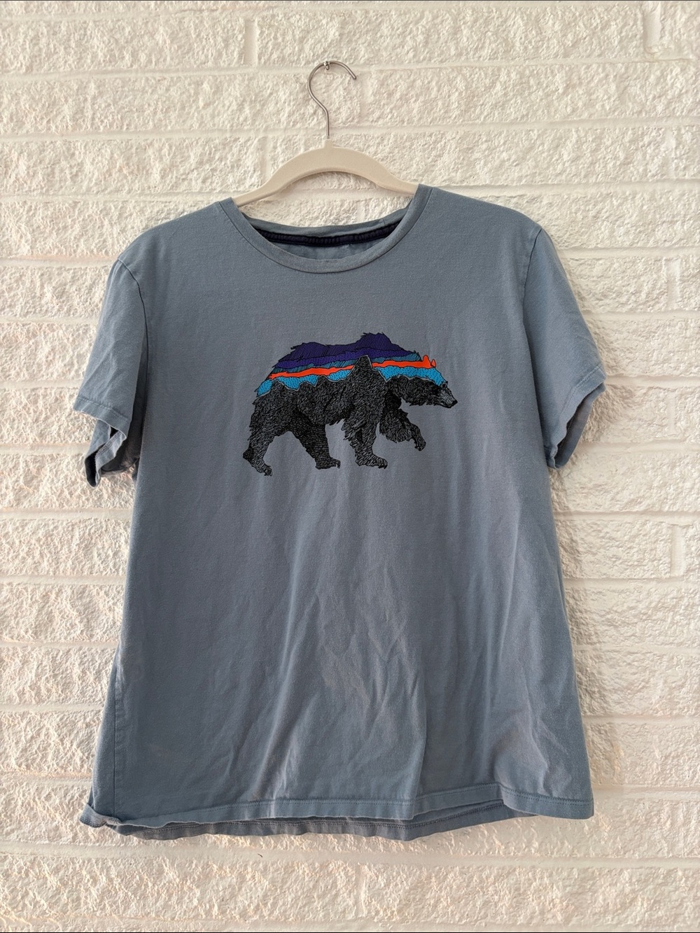 Patagonia Blue Crewneck Tee with Black Bear Graphic and Color Stripe